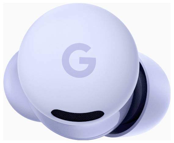 Ein Nahaufnahmebild eines Paares kabelloser Google-Ohrhörer in hellem Violett, das die Oberseite mit einem "G"-Logo und ein sichtbares schwarzes Lautsprecher-Netzgewebe zeigt.