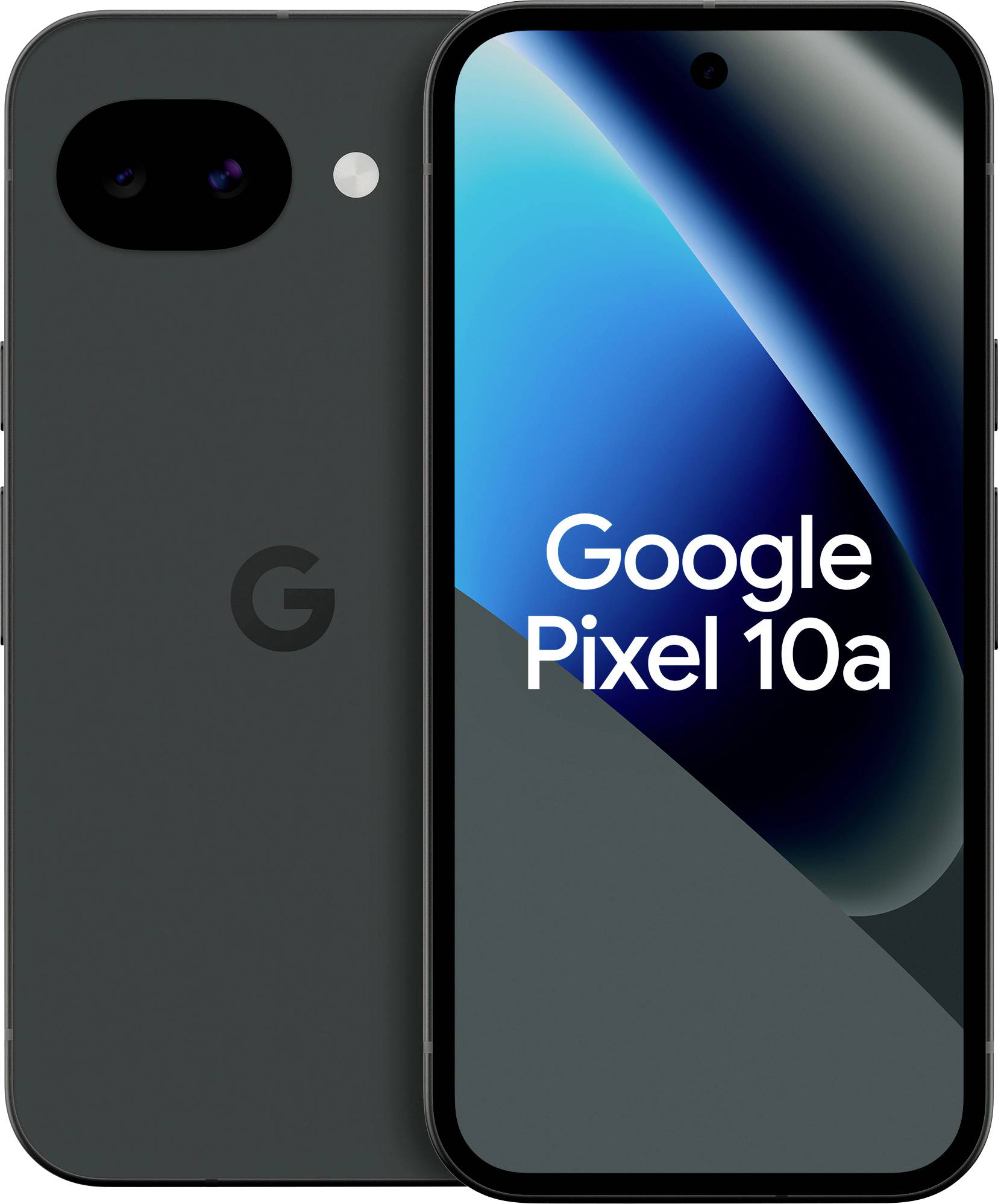 Vorder- und Rückansicht des Google Pixel 10a Smartphones, das ein elegantes Design mit einer dualen Rückkamera und ein Display zeigt, das „Google Pixel 10a" widerspiegelt.