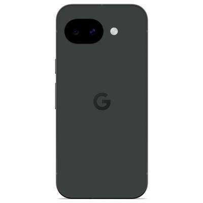 Ein Smartphone, von hinten betrachtet, mit einer einzelnen rückseitigen Kamera und Blitz. Das Gerät ist schwarz mit einem "G"-Logo.