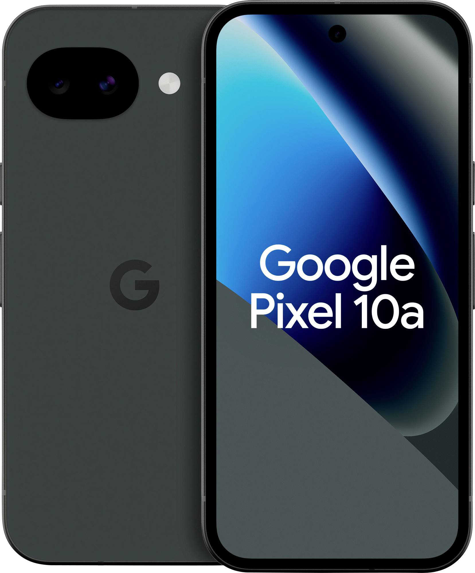 Vorder- und Rückansicht des Google Pixel 10a Smartphones, die seinen Bildschirm mit blauem Farbverlaufshintergrund und dem Text "Google Pixel 10a" anzeigen.