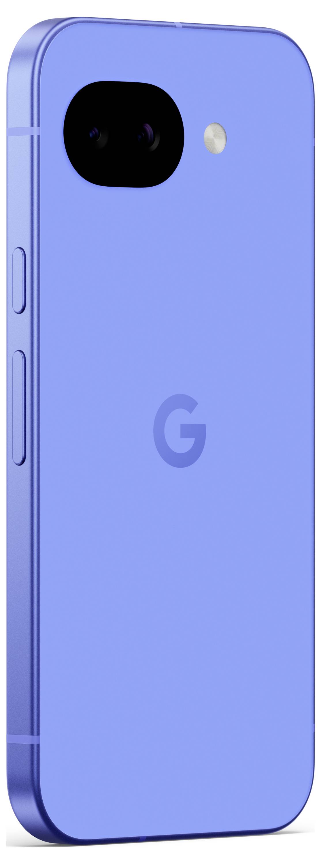 Ein blaues Smartphone mit einer einzelnen Rückkamera und einem LED-Blitz, mit einem zentrierten „G"-Logo auf der Rückseite.