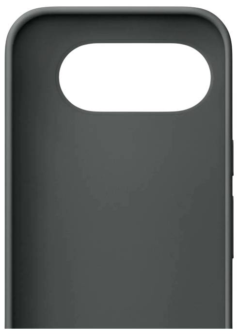 Eine dunkelgraue Handyhülle, von hinten betrachtet, mit einem großen ovalen Ausschnitt oben für die Kamera und zusätzlichen Öffnungen an der Seite.