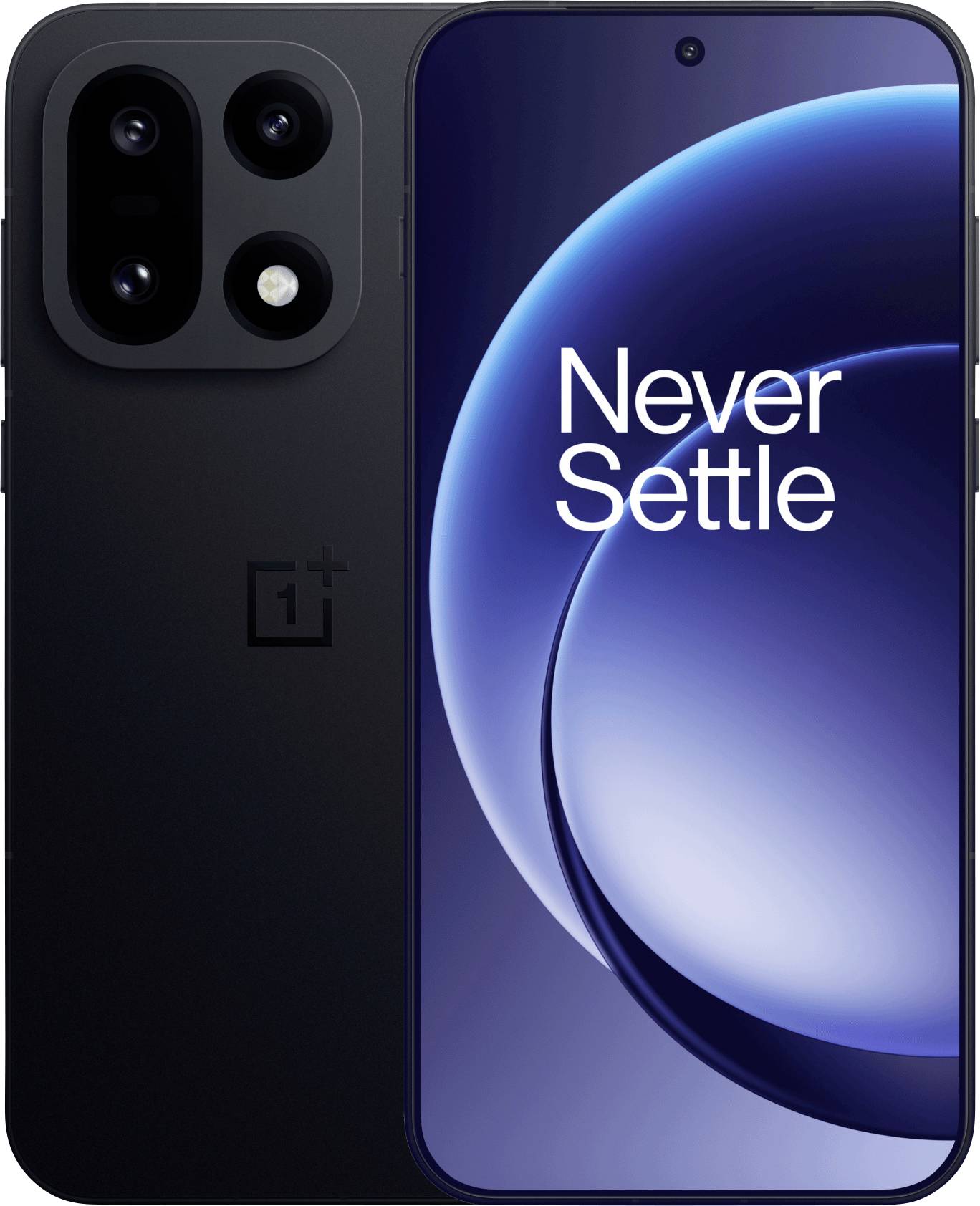 Ein Smartphone mit "Never Settle" auf dem Bildschirm wird von vorne und von hinten gezeigt. Die Rückseite verfügt über ein Kameramodul mit drei Linsen.