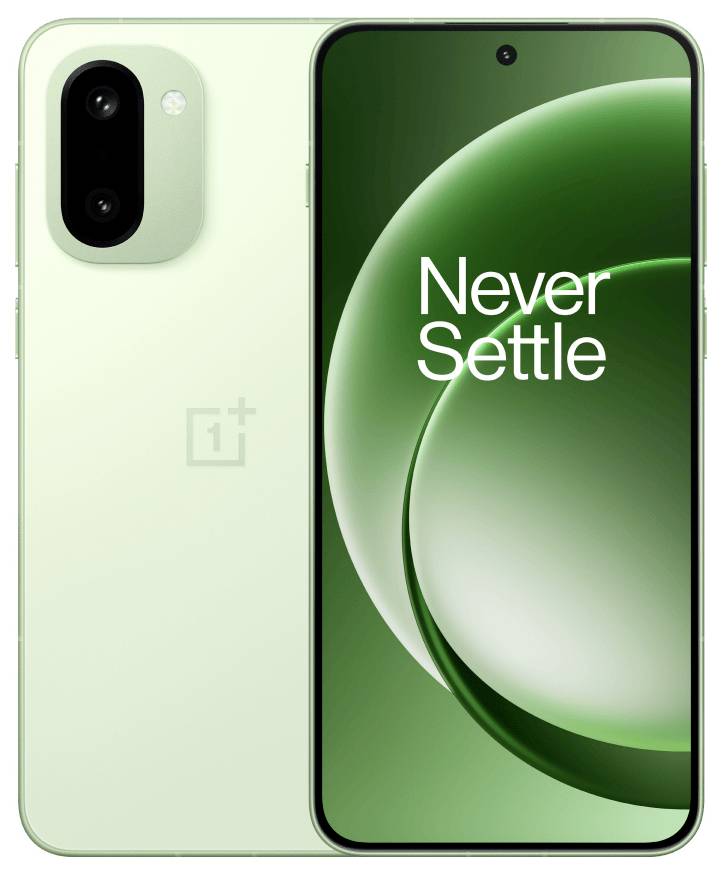 Ein grünes Smartphone mit dualen Rückkameras und einem Bildschirm, auf dem "Never Settle" angezeigt wird.