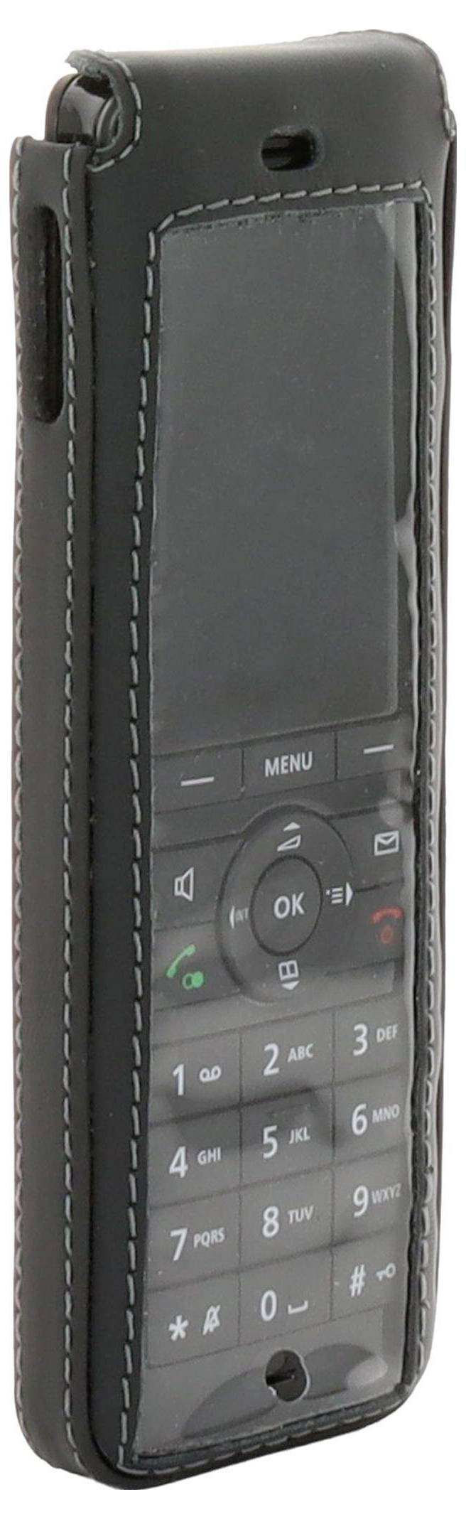 Ein schwarzes Ledertui mit weißer Naht, entwickelt für eine Fernbedienung, mit einem Tastenfeld und einem kleinen Display sowie Tasten, die durch eine transparente Abdeckung sichtbar sind.