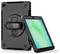 Ein robustes schwarzes Tablet-Etui mit Handschlaufe, Ständer und Displayschutz auf weißem Hintergrund.