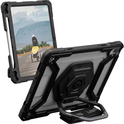 Ein robustes Tablet-Etui mit integriertem Ständer, gezeigt in zwei Positionen: eine aufrecht mit einer Naturszene und die andere gewinkelt, wobei sein robustes Design hervorgehoben wird.