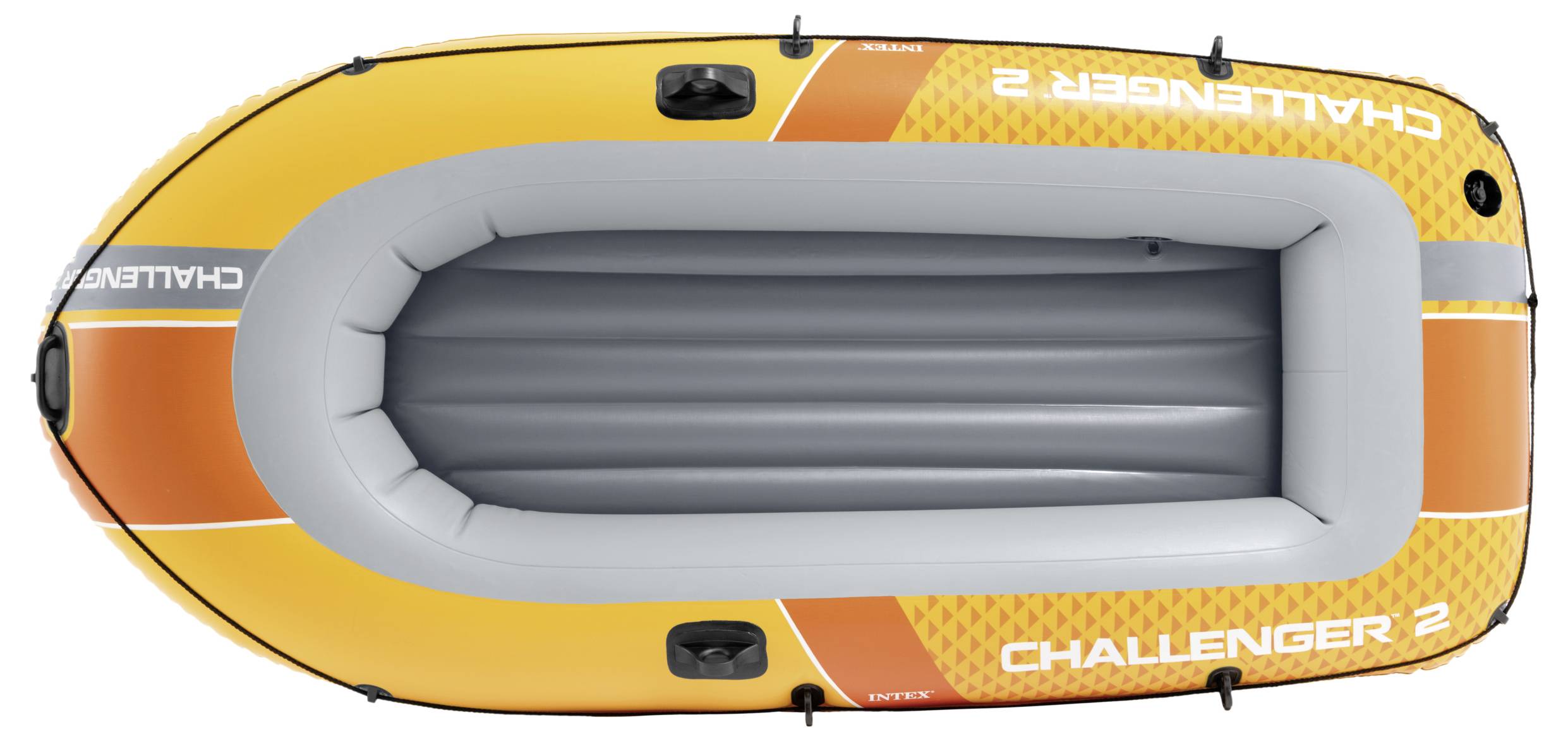 Draufsicht eines orangefarbenen aufblasbaren Bootes mit der Bezeichnung „Challenger 2" mit grauem Innenraum, schwarzen Ventilen und Sicherheitsseilen, konstruiert für zwei Personen.