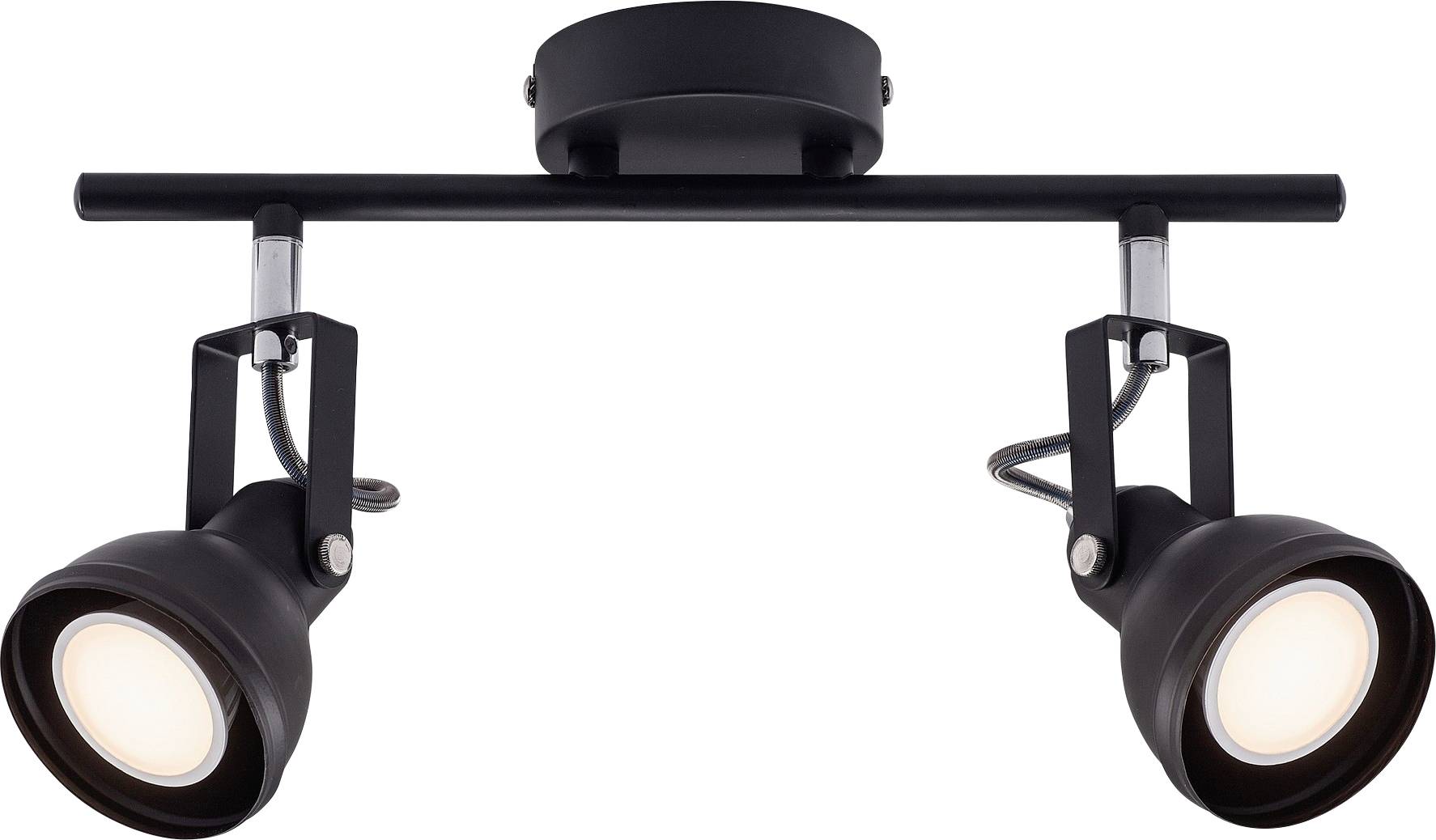 Ein schwarzes, an der Decke montiertes Leuchtenelement mit zwei verstellbaren Spotlights, die nach unten ausgerichtet sind.