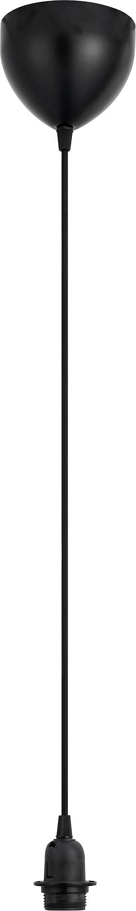 Eine schwarze minimalistische Pendelleuchte mit einem langen Kabel und einem kegelförmigen Baldachin.