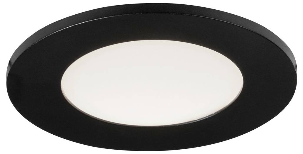 Ein schwarze, kreisförmige LED-Deckenleuchte mit weiß leuchtendem Zentrum, entwickelt für schlanke, moderne Innenraumgestaltung.