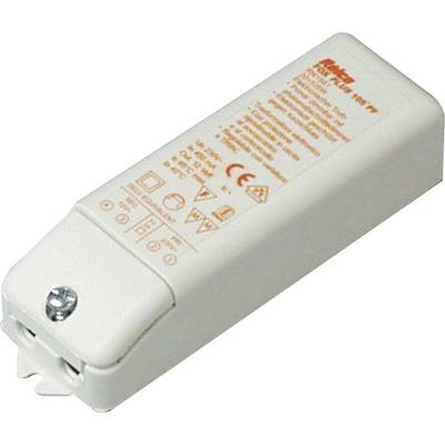 Ein weißes elektronisches LED-Treiber-Gerät mit orangefarbenem Text, der technische Spezifikationen und Compliance-Symbole wie CE und Recycling-Symbole aufzeigt.