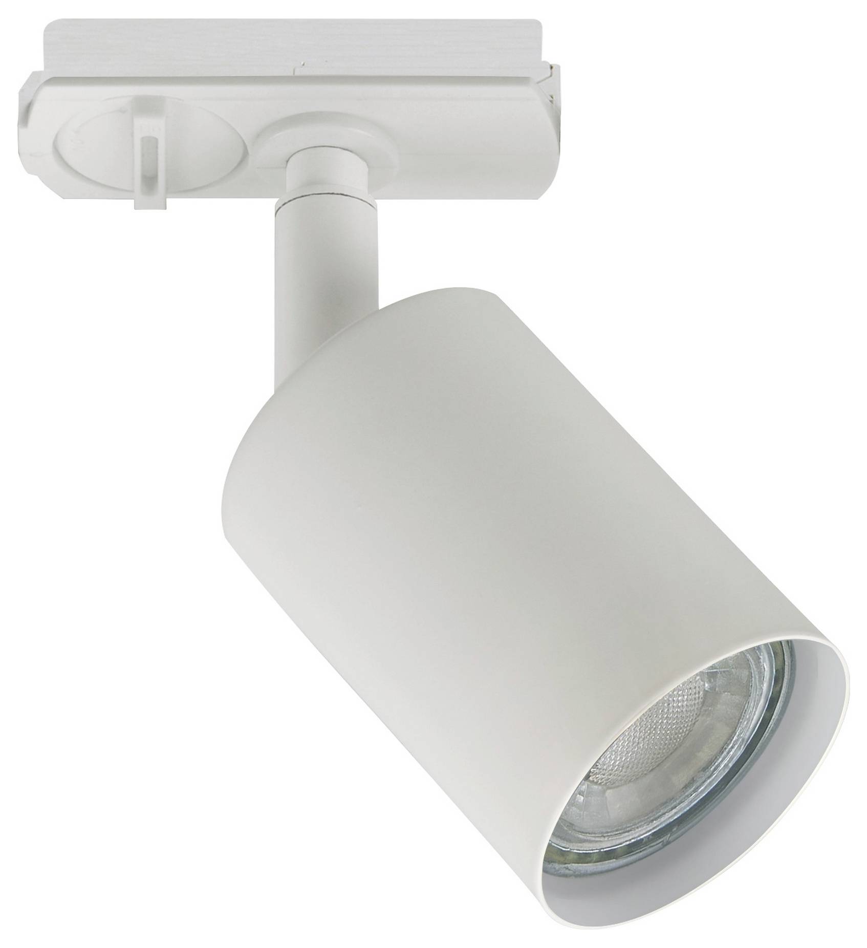 Deckenmontageleuchte mit weißem zylindrischem Gehäuse und verstellbarem Abstrahlwinkel.