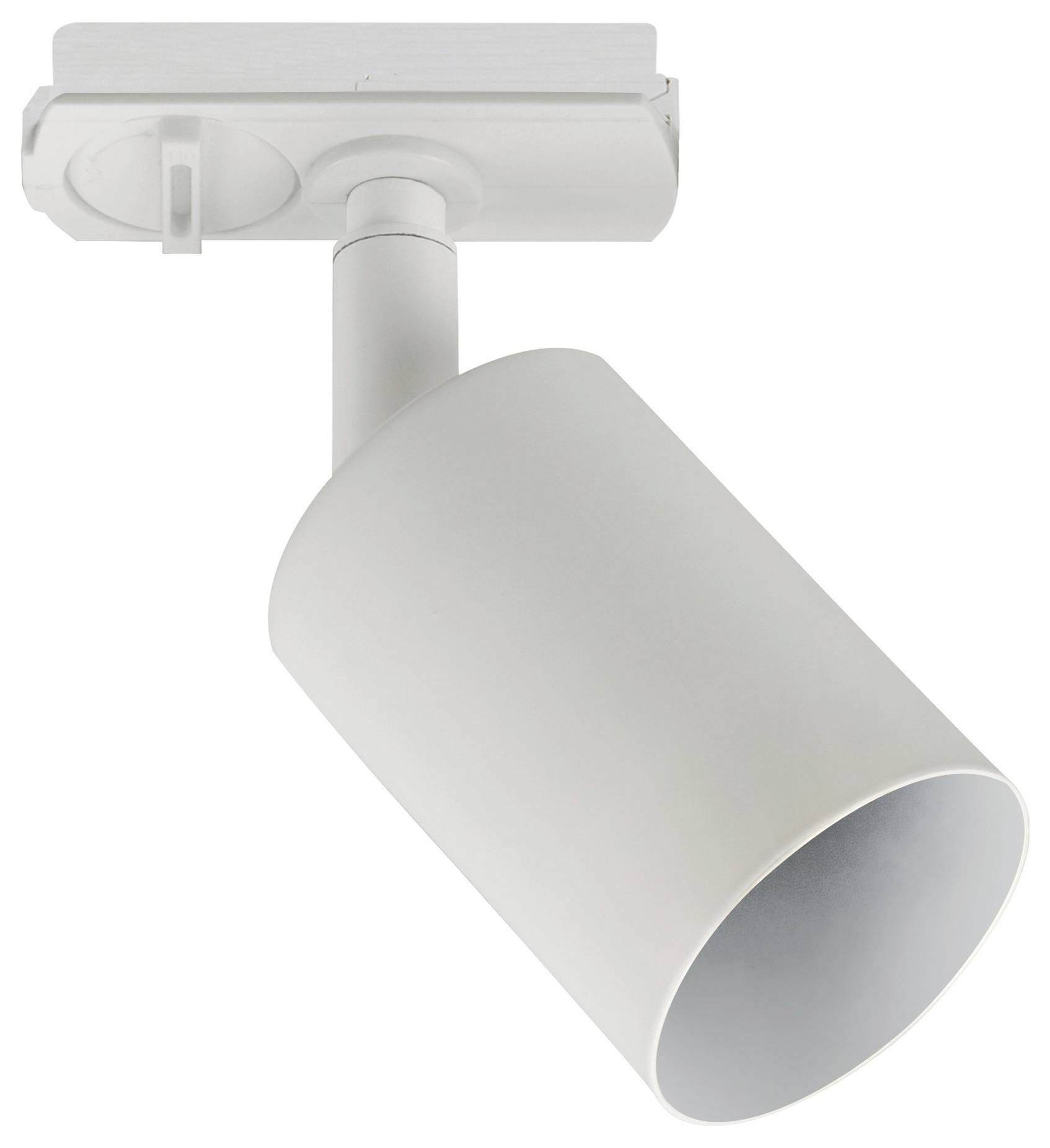 Eine weiße zylindrische Schienenleuchtleuchte mit verstellbarem Kopf, montiert auf einer rechteckigen Basis, geeignet für Richtungsbeleuchtungsanwendungen.