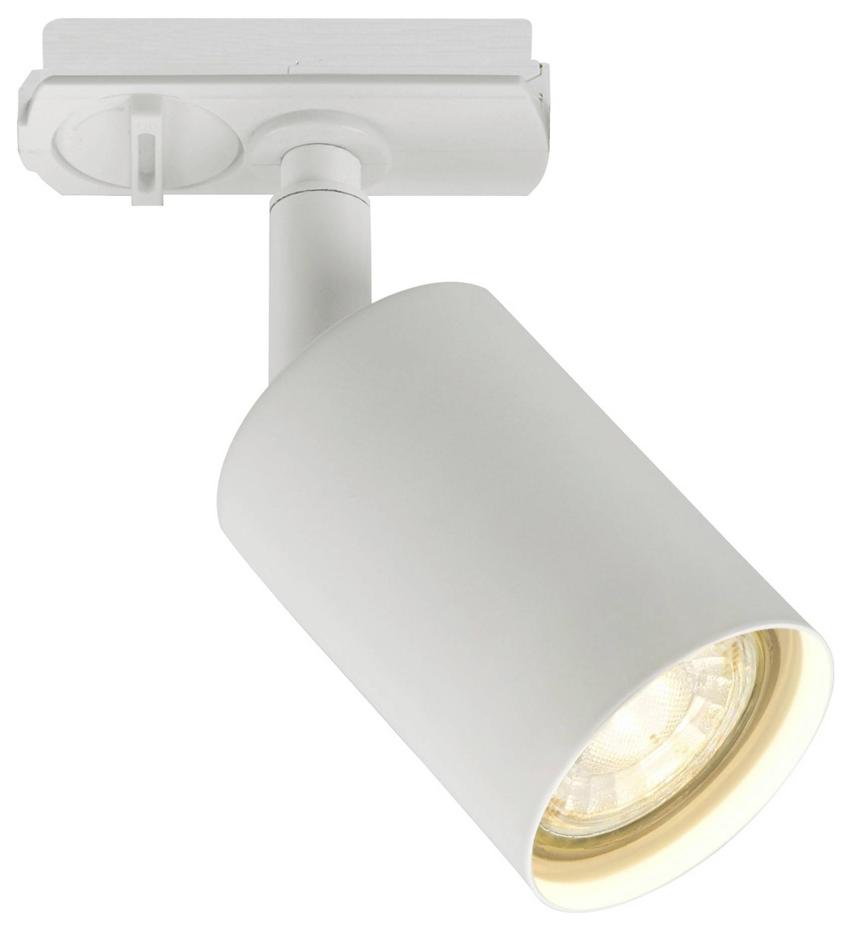 Ein weißes Tracklight mit zylindrischem Design, das nach unten leuchtet und sich für moderne Innenräume eignet.