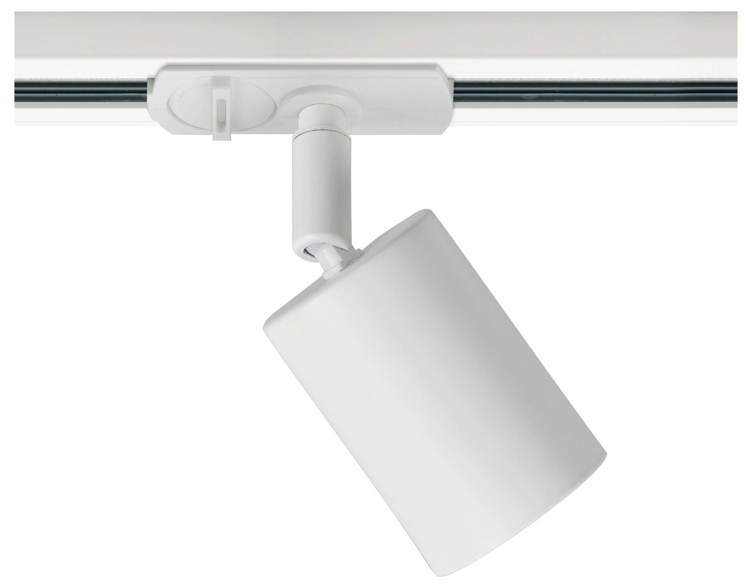 Ein weißes Decken-Schienenlicht mit verstellbarem Kopf, montiert auf einer Metallschiene, geeignet für gerichtete Beleuchtung.