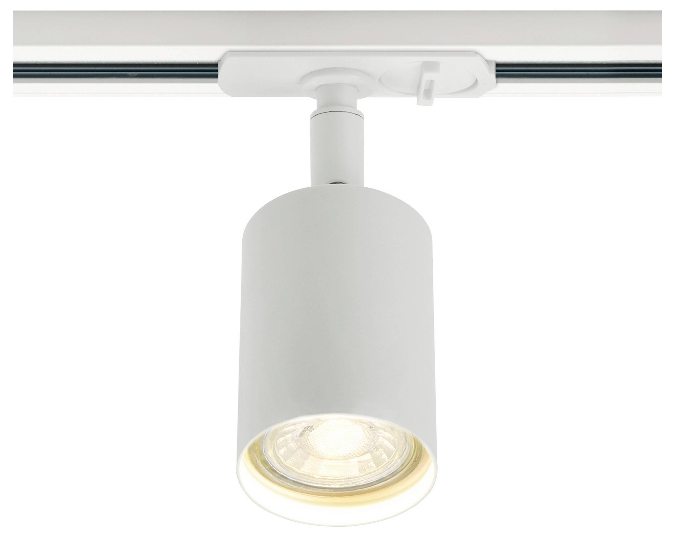 Ein weißes Schienenlicht mit zylindrischer Form emittiert Licht nach unten. Die Leuchte ist an einer Deckenleiste befestigt und eignet sich für gerichtete Beleuchtung.
