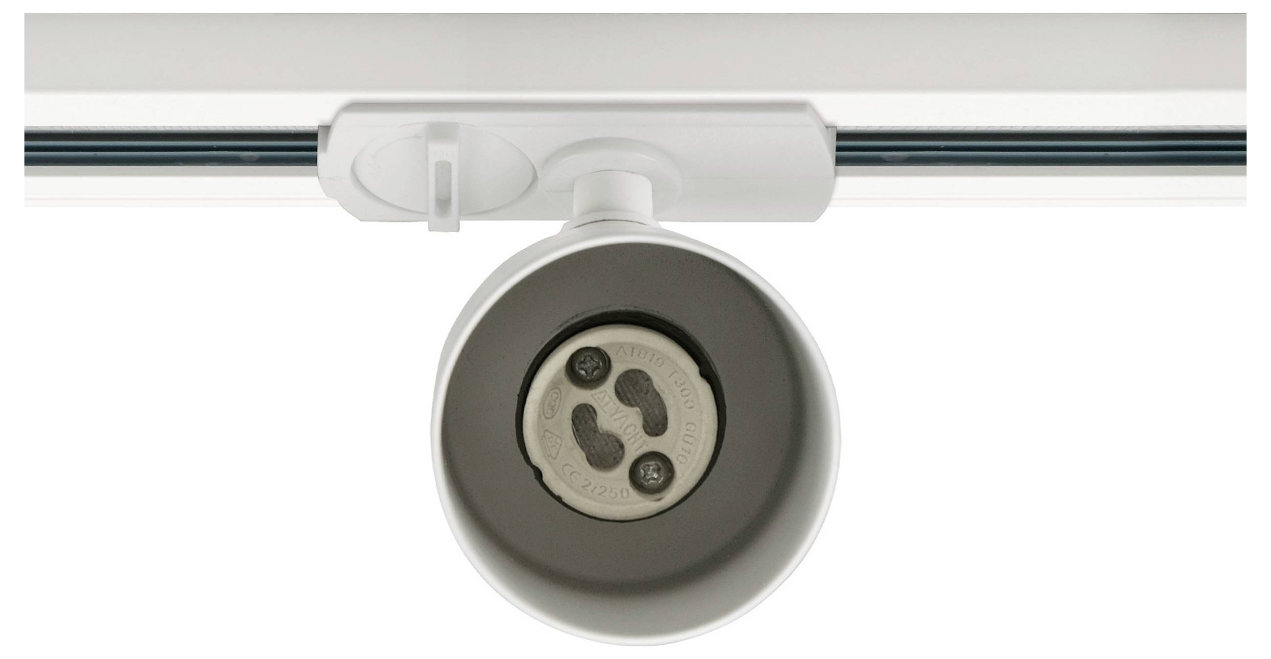 Deckenmontageleuchte mit leerer Fassung, konzipiert für Schienensysteme, vor weißem Hintergrund.