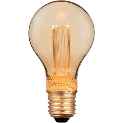 Ein leuchtender Glühfaden in einer klaren, bernsteinfarbig getönten Glühbirne, beleuchtet vor einem weißen Hintergrund, der ihr Vintage-Design hervorhebt.