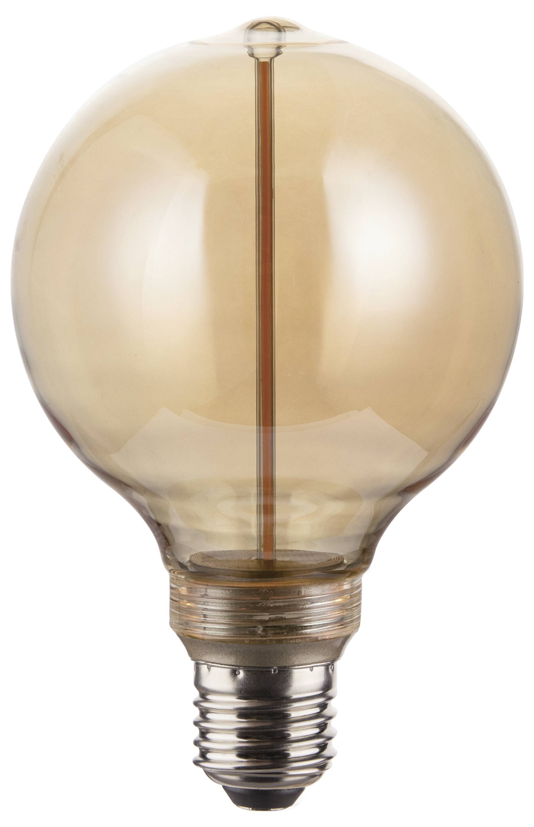 Eine sphärische, im Vintage-Stil gestaltete Glühbirne mit Bernsteinton und sichtbarem Glühdraht vor einfachem Hintergrund.