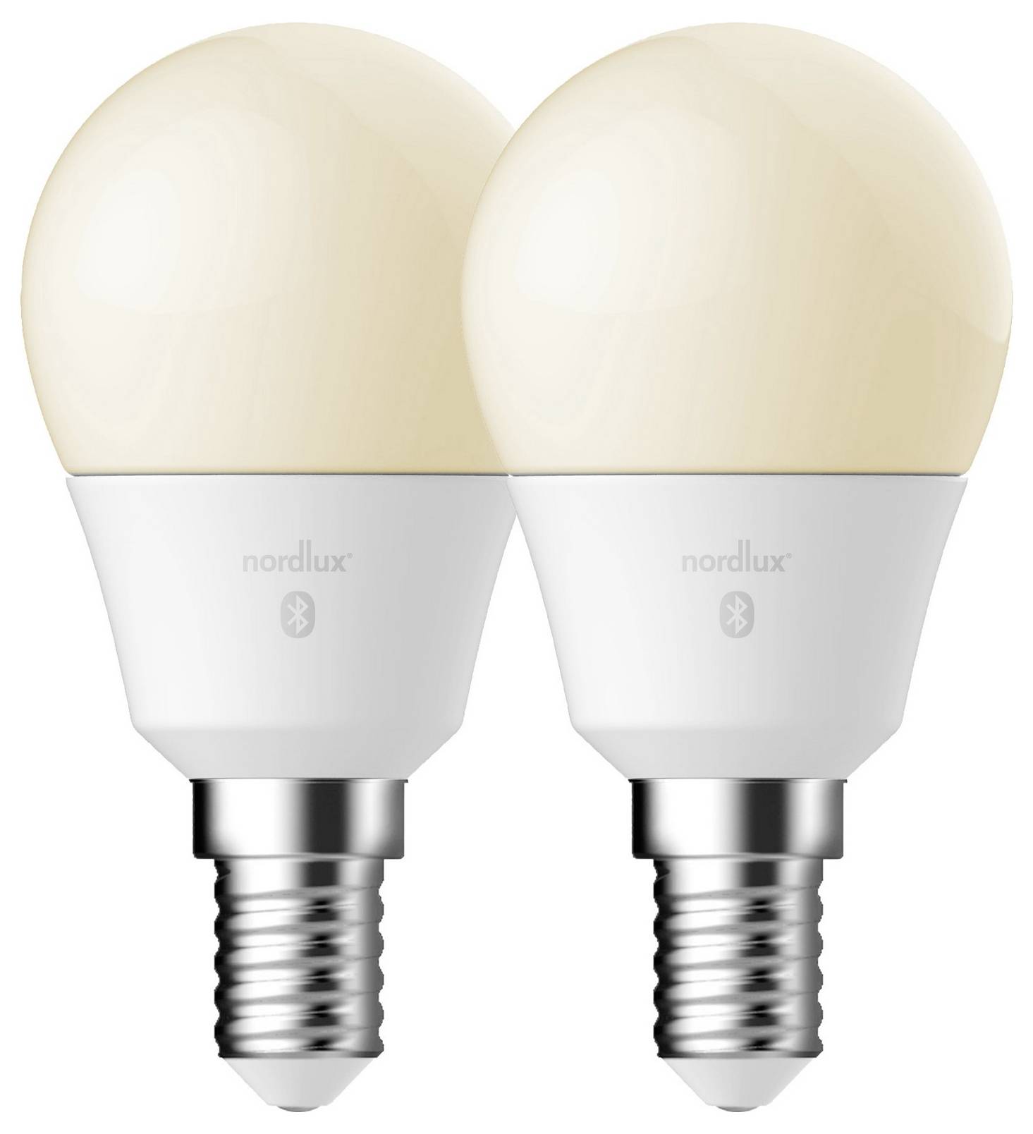 Zwei intelligente LED-Glühbirnen mit "nordlux"-Branding und Bluetooth-Funktion, mit warmweißem Glühen und Standard-Schraubfassungen.