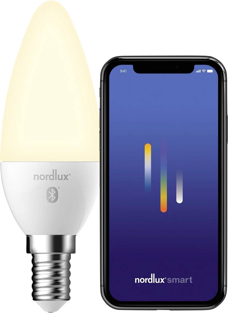 Smartphone zeigt die Benutzeroberfläche der "nordlux smart"-App neben einer Nordlux Bluetooth-fähigen intelligenten Glühbirne, was die App-Steuerung der Beleuchtung nahelegt.