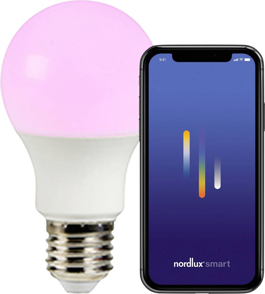 Rosa intelligente Glühbirne neben einem Smartphone, das die Benutzeroberfläche der App "nordlux smart" anzeigt und die Steuerung der intelligenten Hausbeleuchtung ermöglicht.