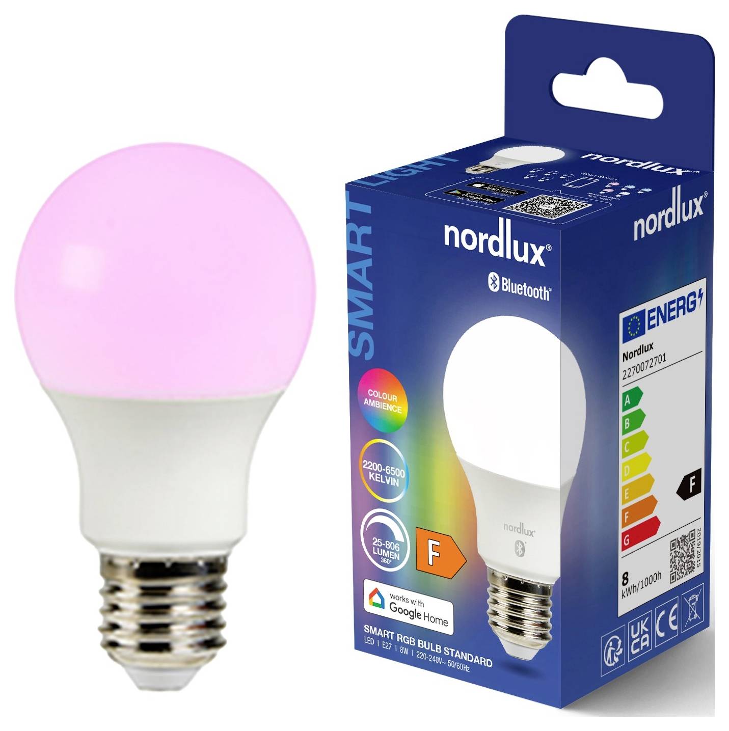 Eine intelligente LED-Glühbirne, die rosa Licht ausstrahlt, neben ihrer Verpackung, auf der „Nordlux", Bluetooth-Konnektivität, Energieeffizienzklasse „F" und Kompatibilität mit Google Home zu sehen sind.