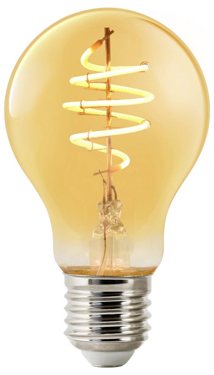 Eine warme leuchtende LED-Glühbirne mit sichtbarem spiralförmigem Glühfaden vor einem einfachen Hintergrund.