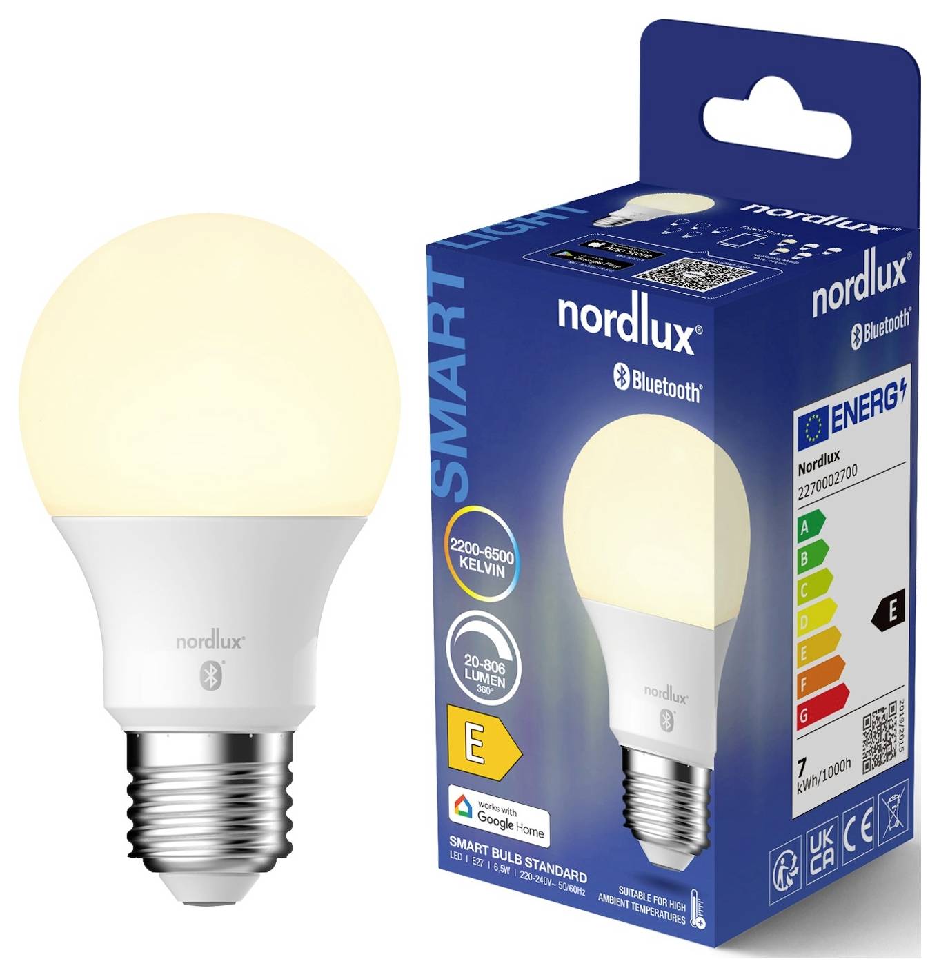Intelligente LED-Leuchte und Verpackung mit Markierung "nordlux" mit Bluetooth- und Google Home-Kompatibilität. Zeigt Energieeffizienzklasse "E" an.