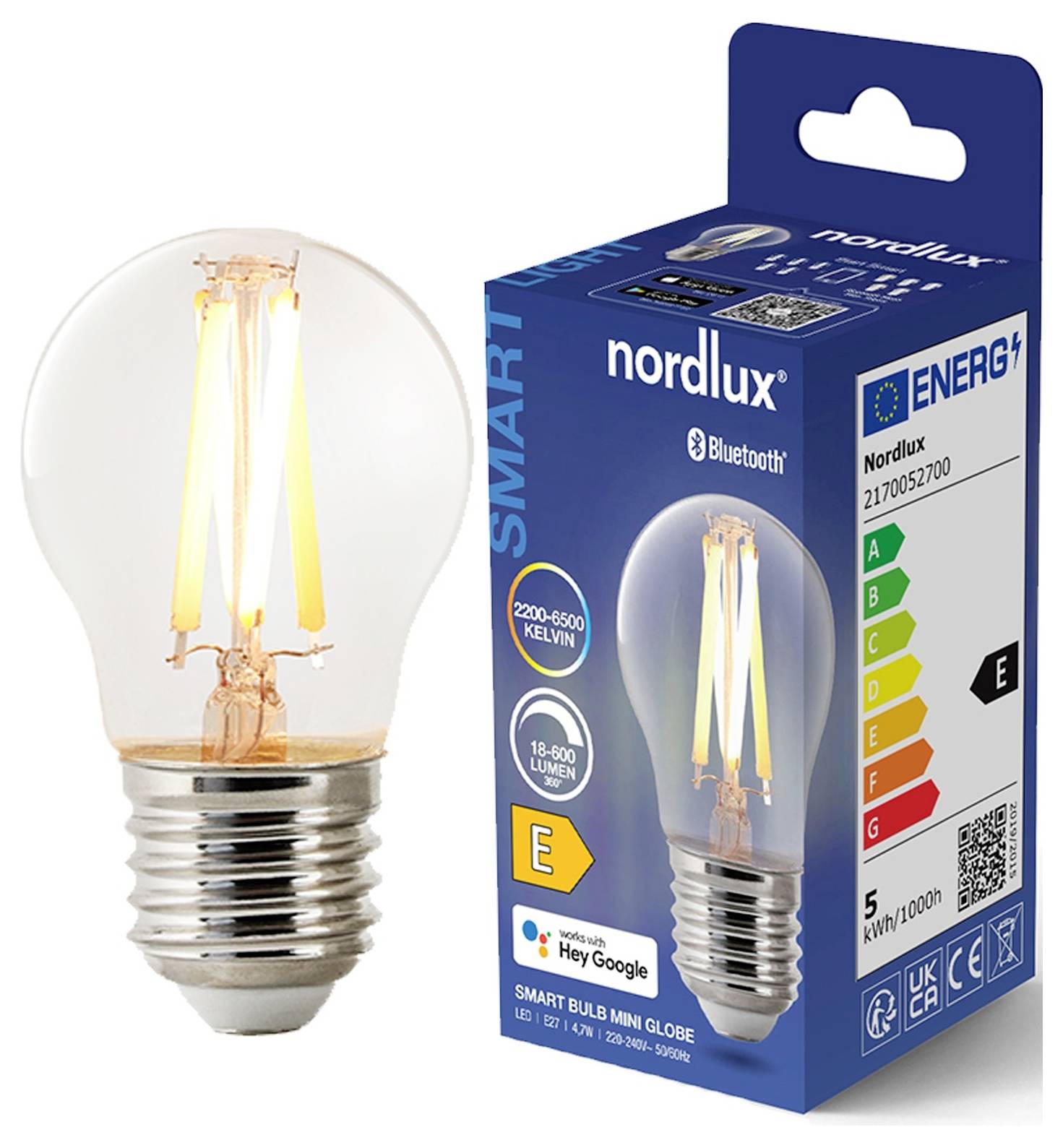 Eine klare LED-Glühbirne mit sichtbarem Glühfaden, die ein warmes Licht ausstrahlt; die silberne Fassung deutet auf Kompatibilität mit Standardleuchten hin.