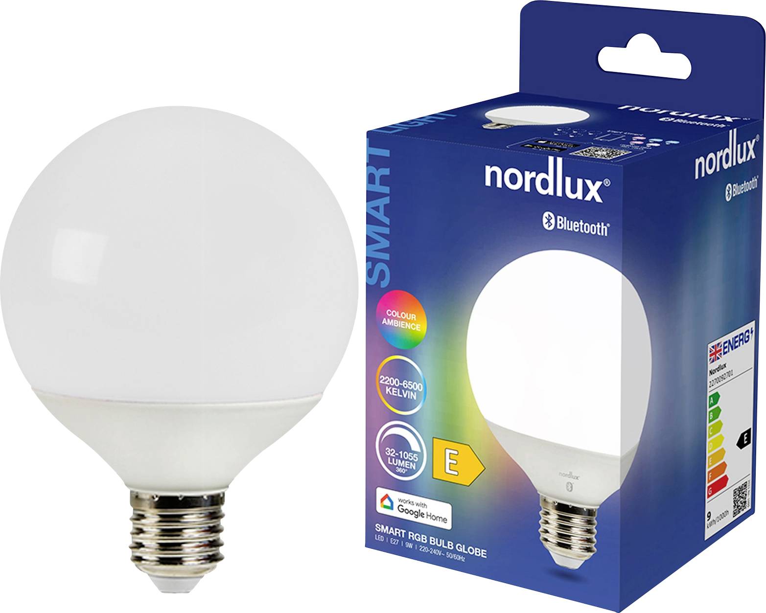 Eine "Nordlux" Smart-LED-Leuchte und ihre Verpackung mit Bluetooth-Konnektivität, Farbwechseloptionen von 2200-6500 Kelvin, 32-1050 Lumen und Google Home-Kompatibilität.