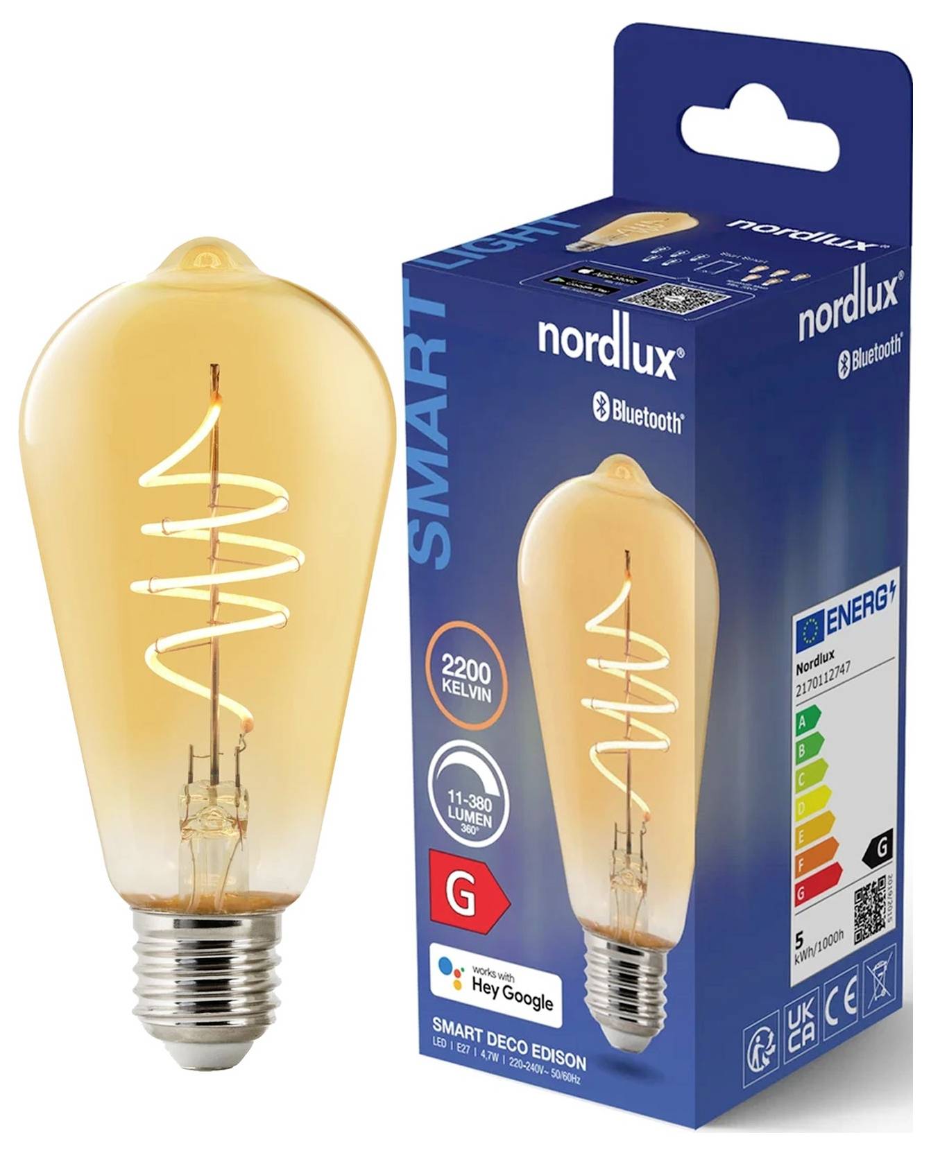 Intelligente LED-Glühbirne und Verpackung. Die Birne strahlt warmes Licht aus; verfügt über Bluetooth-Konnektivität. Die Verpackung zeigt die Energieeffizienzklasse und kompatible Geräte.