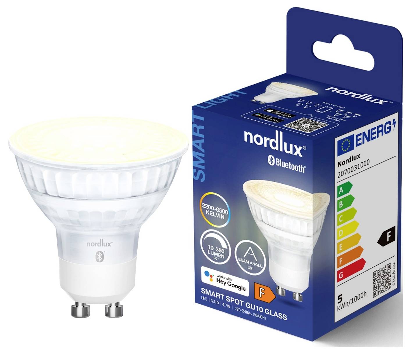 Eine intelligente LED-Glühbirne und ihre Verpackung mit Bluetooth-Funktion, verstellbarer Farbtemperatur (2200-6500K), 350 Lumen und Energieeffizienzklasse F.