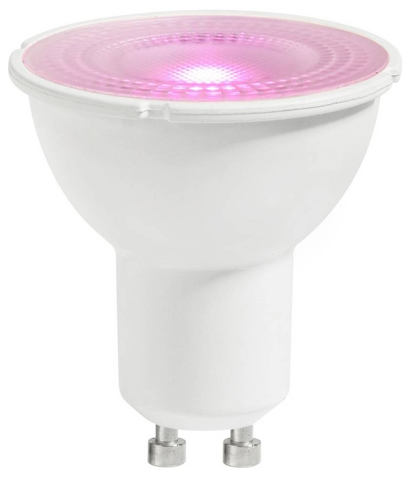 Eine weiße intelligente LED-Glühbirne mit rosa farbigem Licht auf der Oberseite, geeignet für einstellbare Hausbeleuchtung.