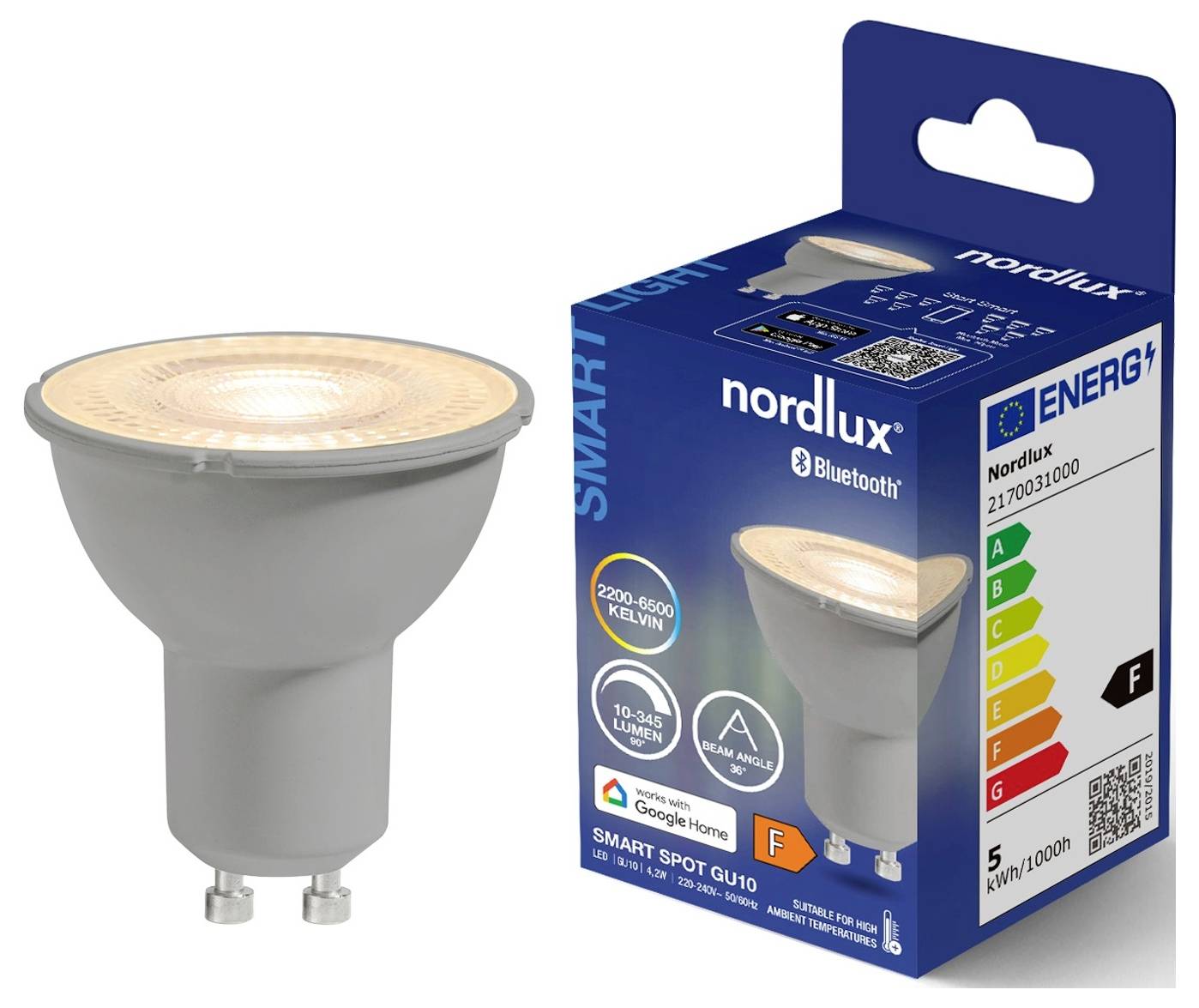 Eine intelligente LED-Glühbirne und ihre Verpackung werden gezeigt. Die Verpackung zeigt Energieeffizienzklassen, ein Bluetooth-Symbol und Text, einschließlich "nordlux".
