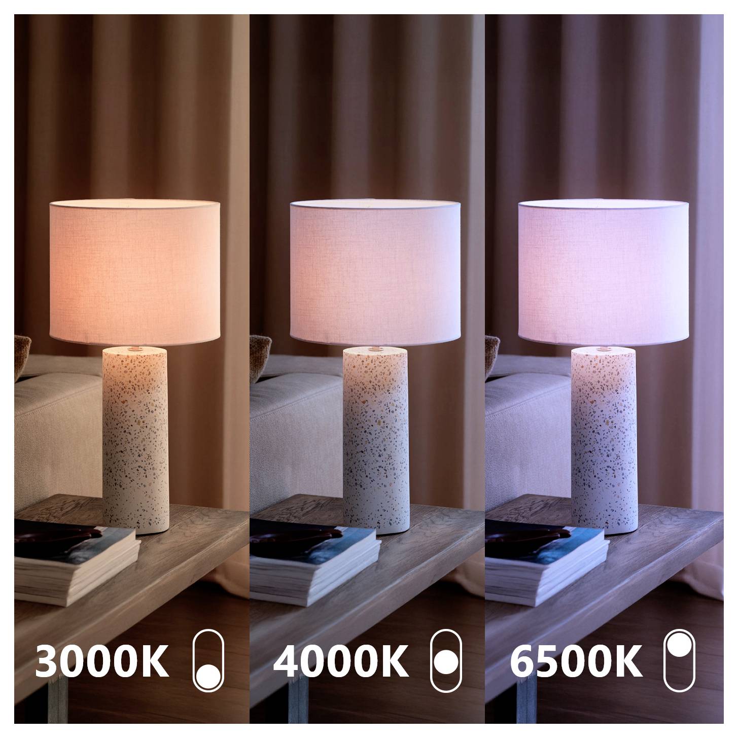 Drei nebeneinander angeordnete Bilder einer Lampe, jedes unter unterschiedlichen Farbtemperaturen: 3000K (warmes Licht), 4000K (neutrales Licht), 6500K (kühles Licht).
