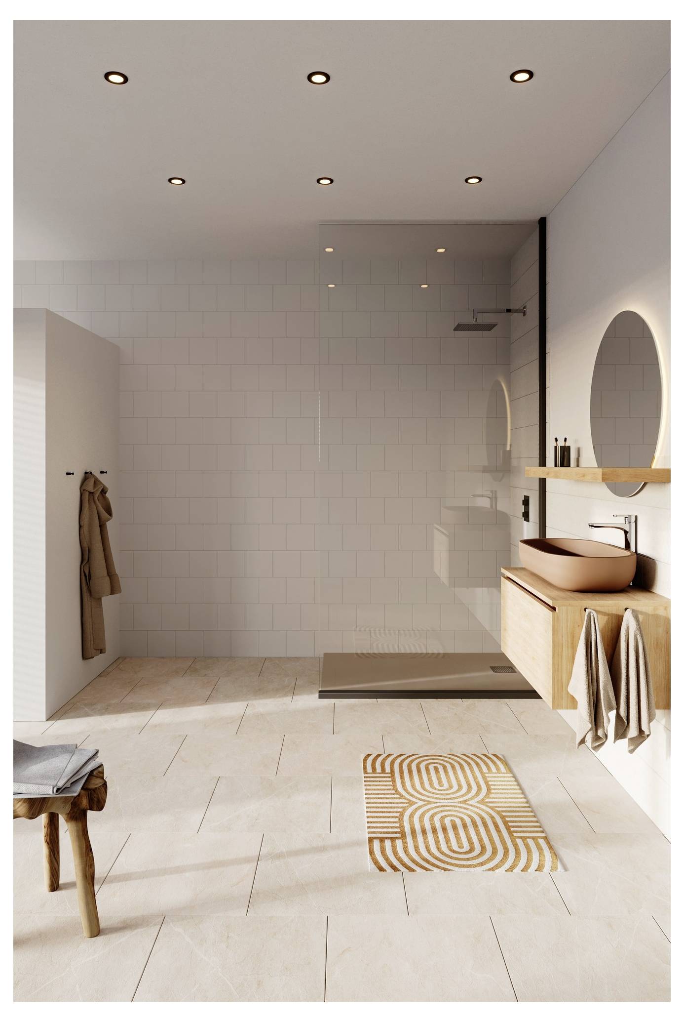 Modernes Badezimmer mit einer Glasdusche, hölzernem Waschtisch mit rundem Spiegel und einem Hocker. Beige Fliesen und ein geometrischer Teppich sorgen für zusätzliche Wärme.