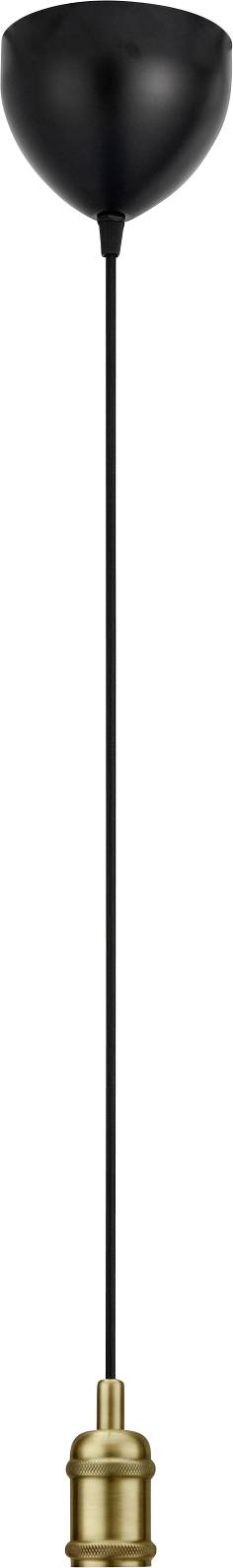 Eine hängende Leuchte mit schwarzer Deckenhalterung, schwarzem Kabel und Messingfassung, geeignet für einen modernen oder industriellen Einrichtungsstil.