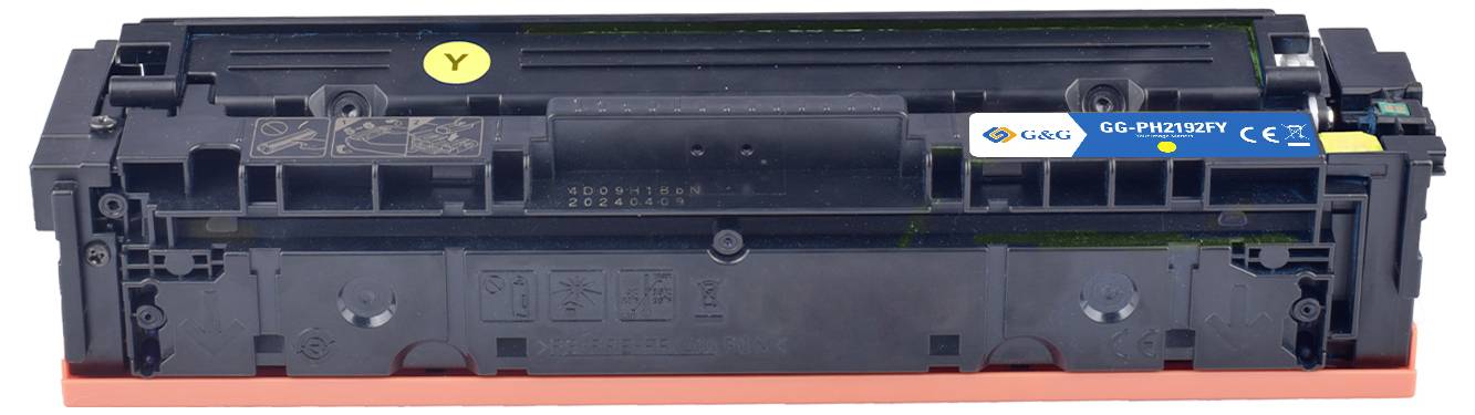 Eine schwarze Druckertonerkartusche mit der Aufschrift „G&G Premium" und einem gelben Punkt, der anzeigt, dass sie für gelbe Tinte bestimmt ist.