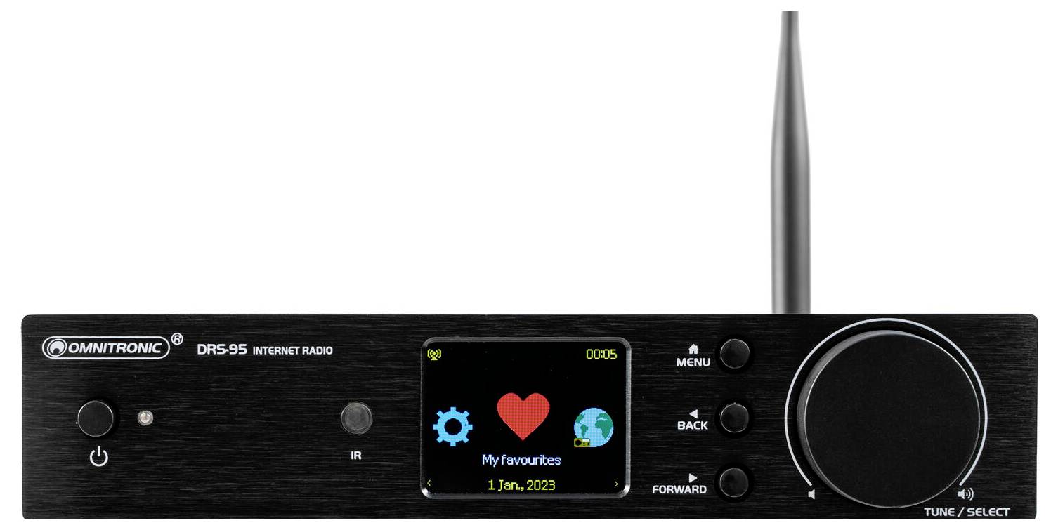 'Omnitronic DRS-95 Internetradio mit Display, das Lieblingsspeicherlisten-Optionen zeigt, Steuertasten und eine Antenne.'