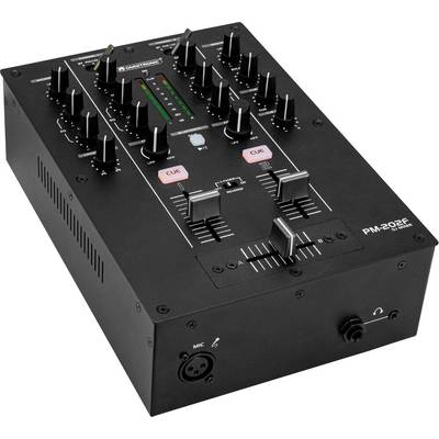„DJ-Mixer mit Drehreglern, Schiebereglern und Mikrofoneingang, beschriftet mit „American Audio PM-22P", wird zum Anpassen von Audiopegeln und Effekten verwendet."