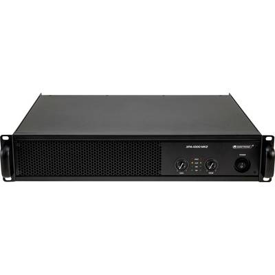 'Frontansicht eines Audioverstärkers mit schwarzem Gehäuse, belüfteter Blende, Ein-/Ausschalter und zwei Lautstärkereglern mit den Beschriftungen „CH1" und „CH2".'