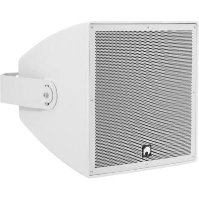 Ein weißer Hornlautsprecher mit perforiertem Metallgitter und einer Befestigungshalterung, entwickelt für Beschallungsanlagen oder Soundverstärkungssysteme.
