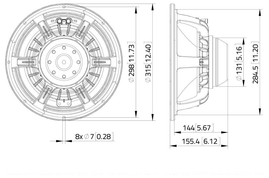 Technisches Diagramm eines Lautsprechers mit Vorder- und Seitenansicht mit Maßen. Frontansicht Durchmesser: 315 mm (12,40 Zoll). Seitenansicht Tiefe: 155,4 mm (6,12 Zoll).