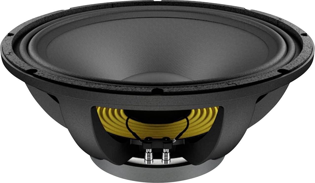 Ein schwarzer Lautsprecher mit einer gelben Spule und silbernen Anschlüssen, entwickelt für Audiogeräte, zeigt seine Membran und strukturelle Details.