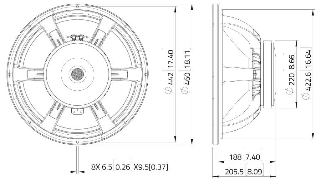 Eine technische Zeichnung eines Lautsprechers mit einbezogenen Abmessungen: 442 mm Durchmesser, 220 mm Tiefe. Front- und Seitenansichten zeigen Messungen.