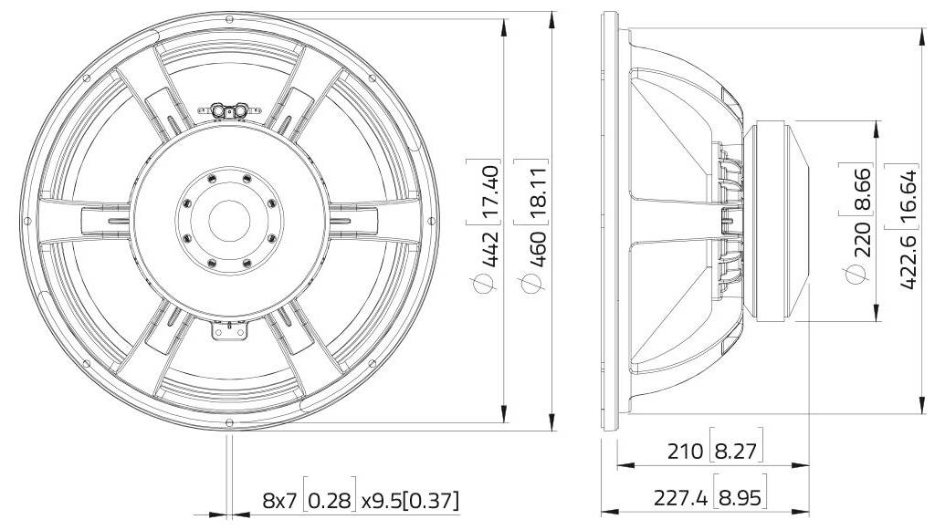 Technische Zeichnung eines runden Lautsprechers, Vorder- und Seitenansichten mit Abmessungen: Durchmesser 442 mm, Tiefe 210 mm. Detailliert beschriftete Maße.