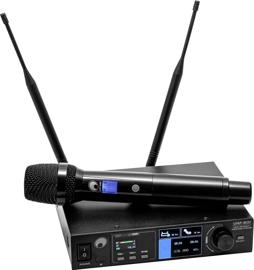 Ein kabelloses Mikrofonsystem mit einem tragbaren Mikrofon und einem Empfänger mit Antennen, das verschiedene Einstellungen auf einem digitalen Display anzeigt.