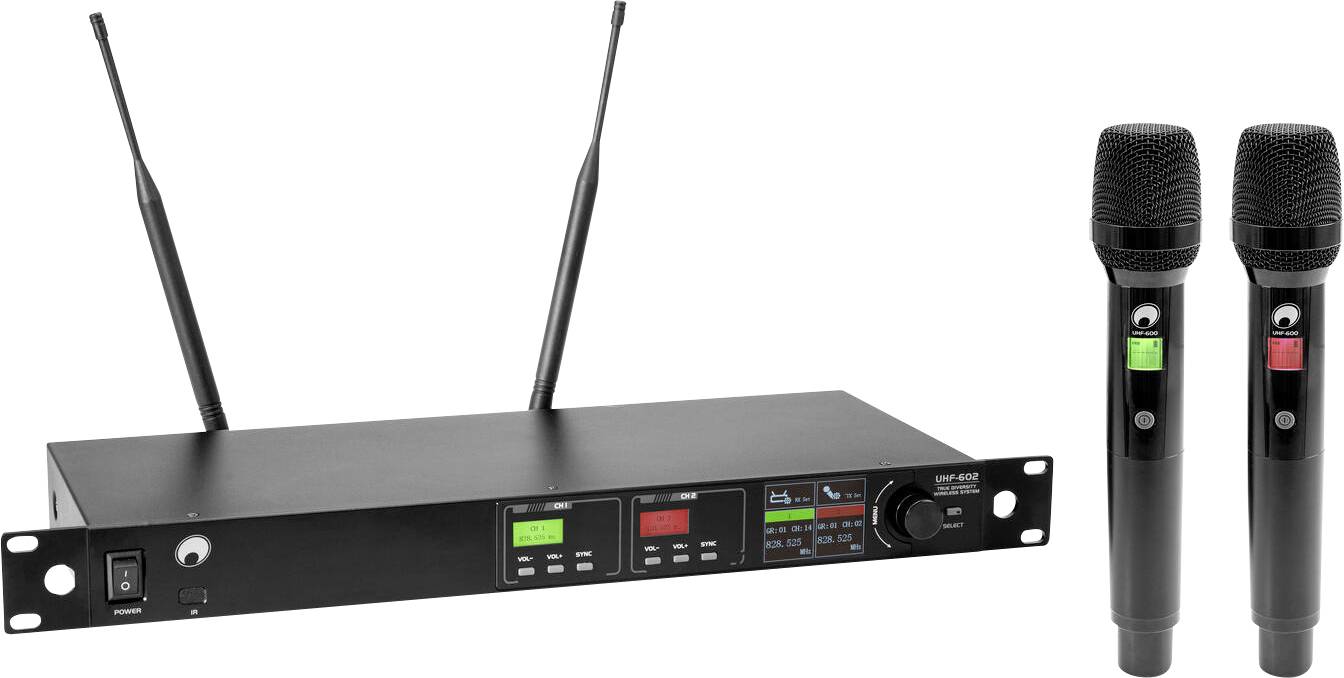 Kabelloses Mikrofonsystem mit zwei Mikrofonen und einem Empfänger, mit Anzeigebildschirmen für Frequenz- und Stromversorgungseinstellungen.